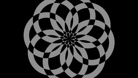 Graphic object in black and white with stroboscopic and hypnotic effect, which rotates clockwise decreasing the size from full screen to disappearing in the center, in 16: 9 video format