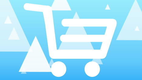 animation of online shopping trolley icon over white triangles on blue background