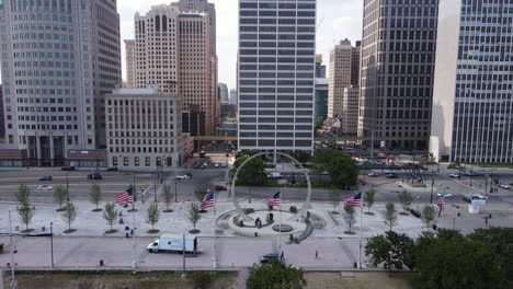 Transcending-Arch-Monument-in-the-Philip-A-Hart-Plaza,-Detroit-Michigan,-USA,-aerial-drone-view