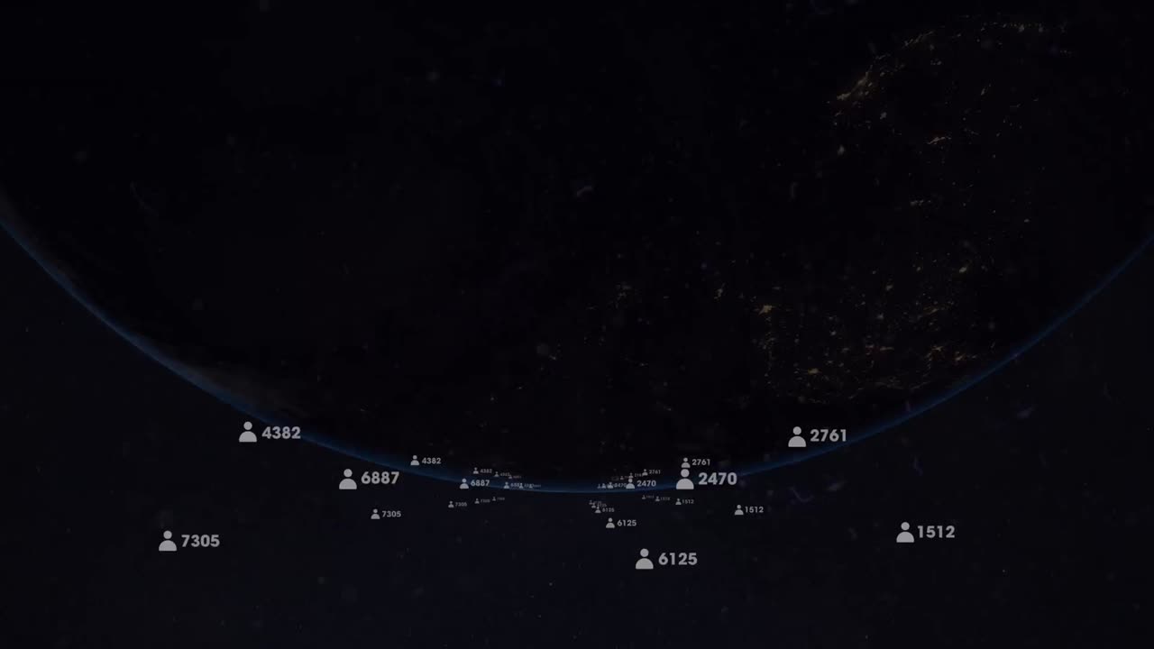 animazione di una rete di connessioni con persone, icone e numeri in tutto il mondo