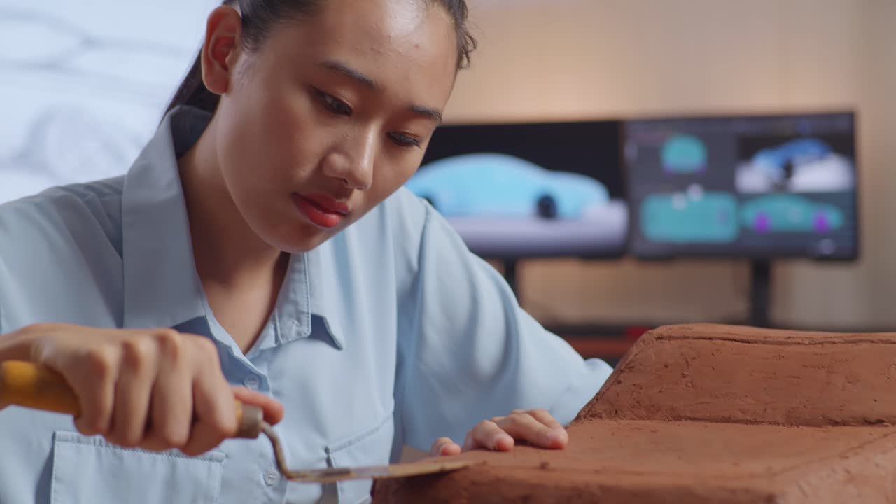 아시아 여성 자동차 디자이너가 표면을 매끄럽게하고 스튜디오에서 디자인의 세부 사항을 만들기 위해 스파라를 사용하여 자동차 점토 조각을 작업합니다.