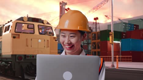 Close Up Of Asian Female Engineer With Safety Helmet Working On A Laptop With Freight Cargo Train At Port