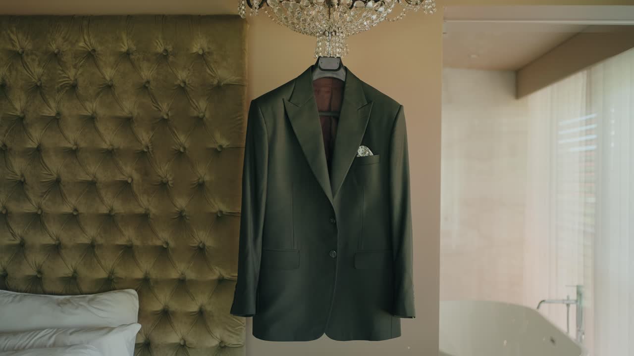 black formal groom jacket hanging near bed in soft morning hotel light