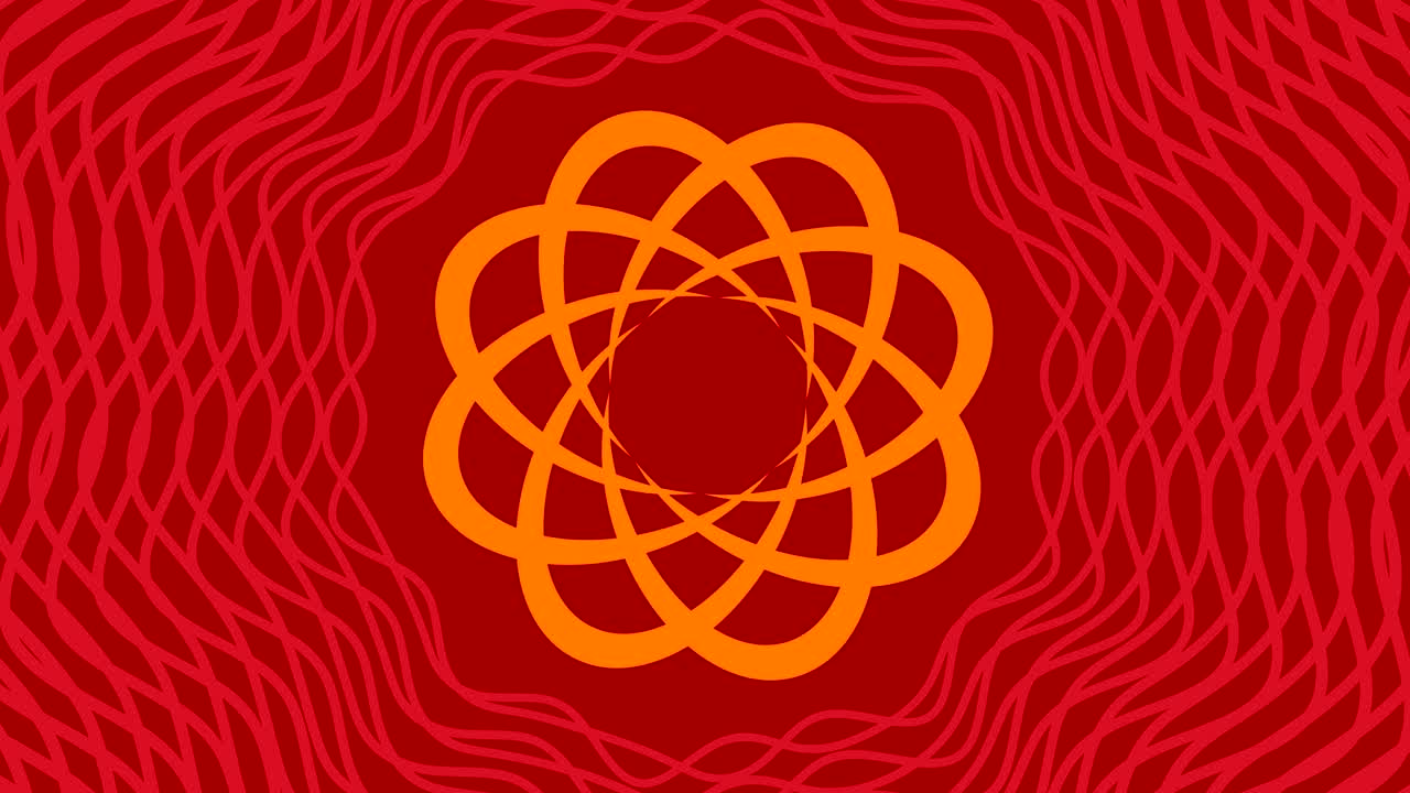 objeto gráfico que gira en el centro, aumentando y luego reduciendo el tamaño dentro de un marco gráfico, mientras que el fondo cambia rápidamente de color creando un efecto psicodélico, en formato de video 16: 9