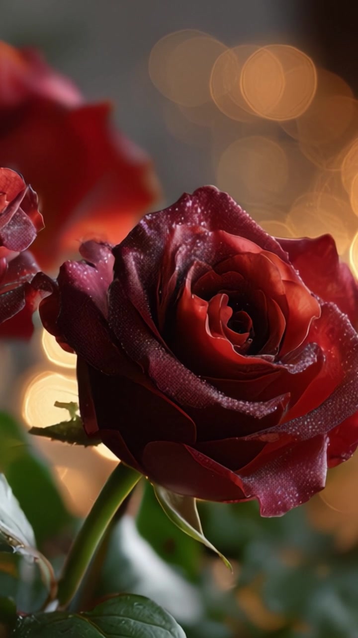 Primo piano mozzafiato di una rosa rossa con gocce di rugiada su uno sfondo sfocato di luci scintillanti, che cattura la bellezza naturale e il romanticismo in fiore.