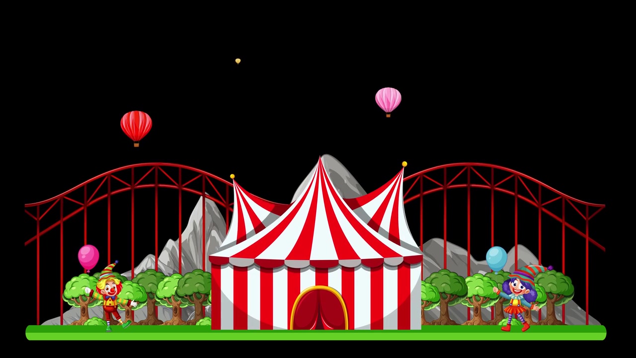 A colorful 2D cartoon amusement park builds up with mountains, tents, and moving roller coasters