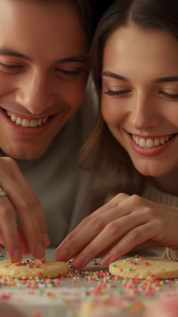 Vertical video: Spotting snow through window, couple pressing sprinkles onto sugar cookies at home