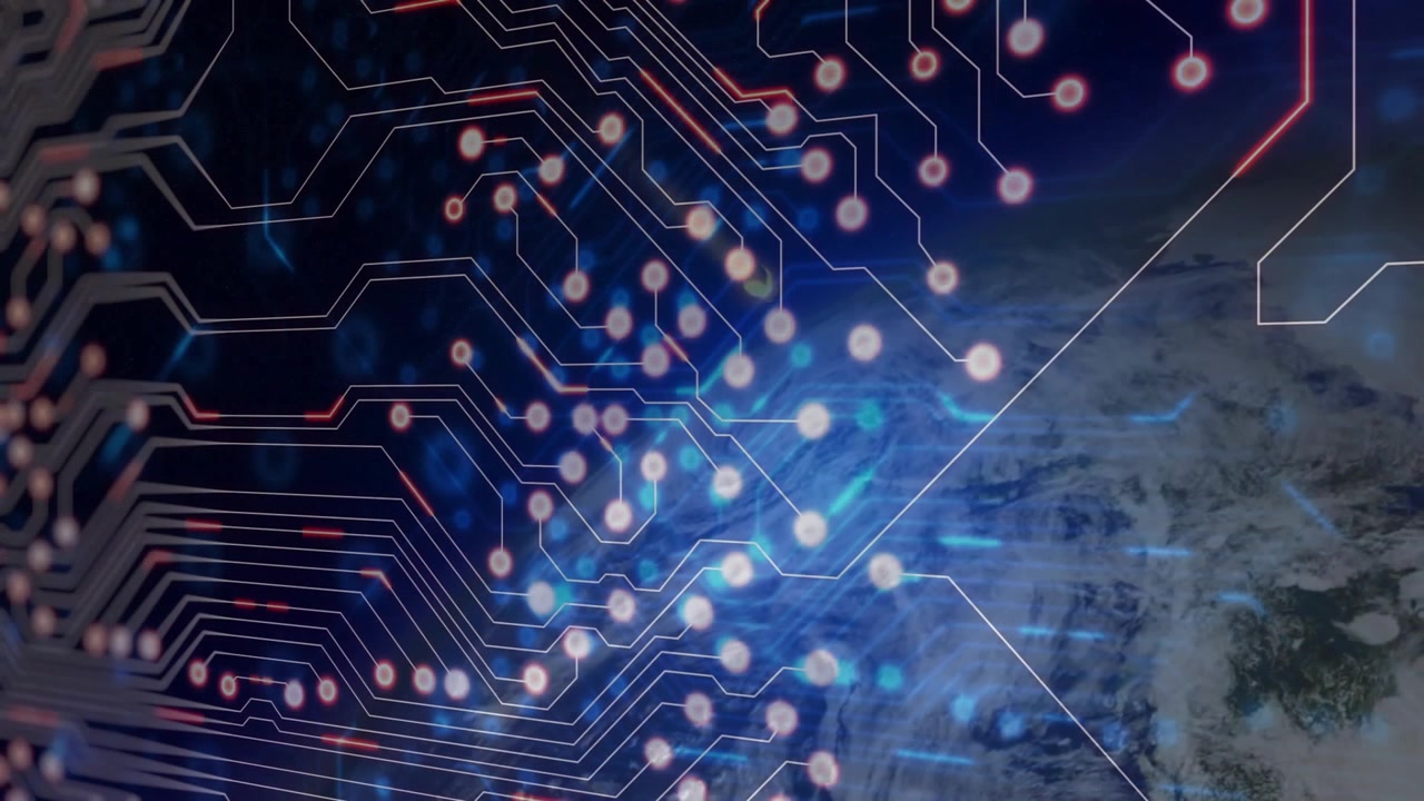 circuit network emerging from left, pulsing streams overlaying Earth, visualizing data flow