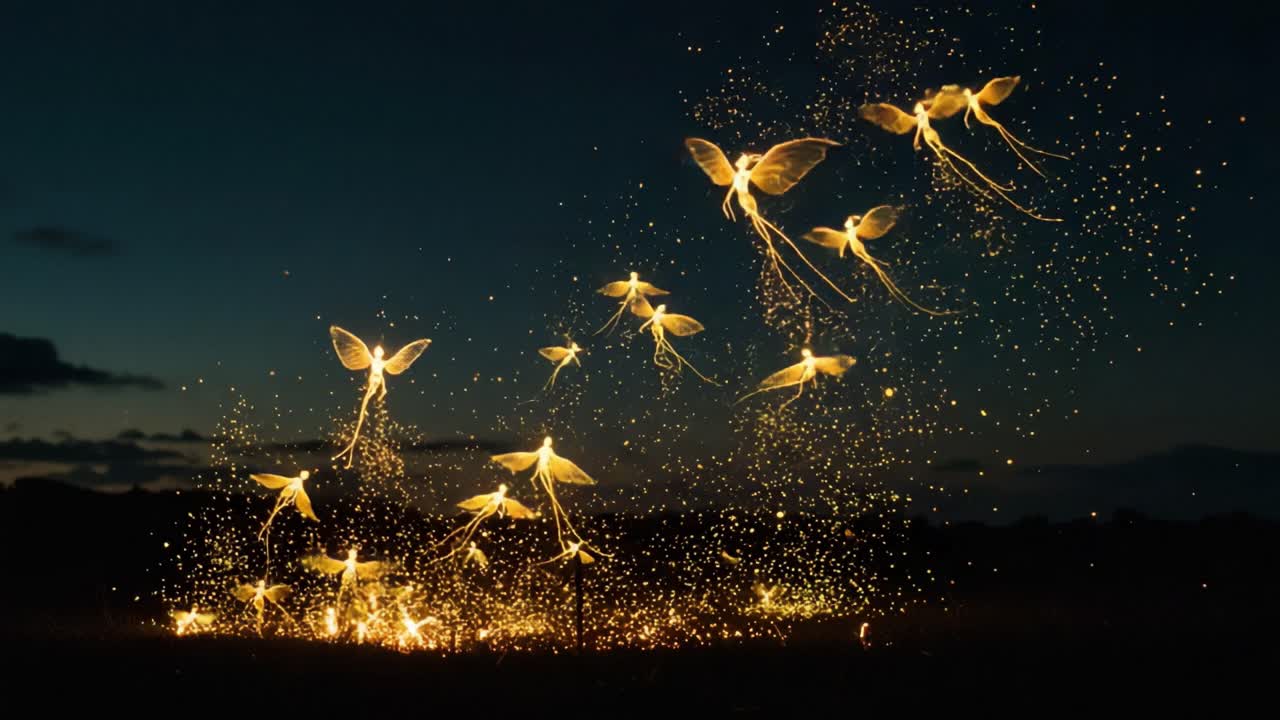 A Mesmerizing Dance of Ethereal Beings Illuminates the Night Sky, Sparkling with Golden Dust and Enchantment as They Flutter Gracefully Amongst the Darkness