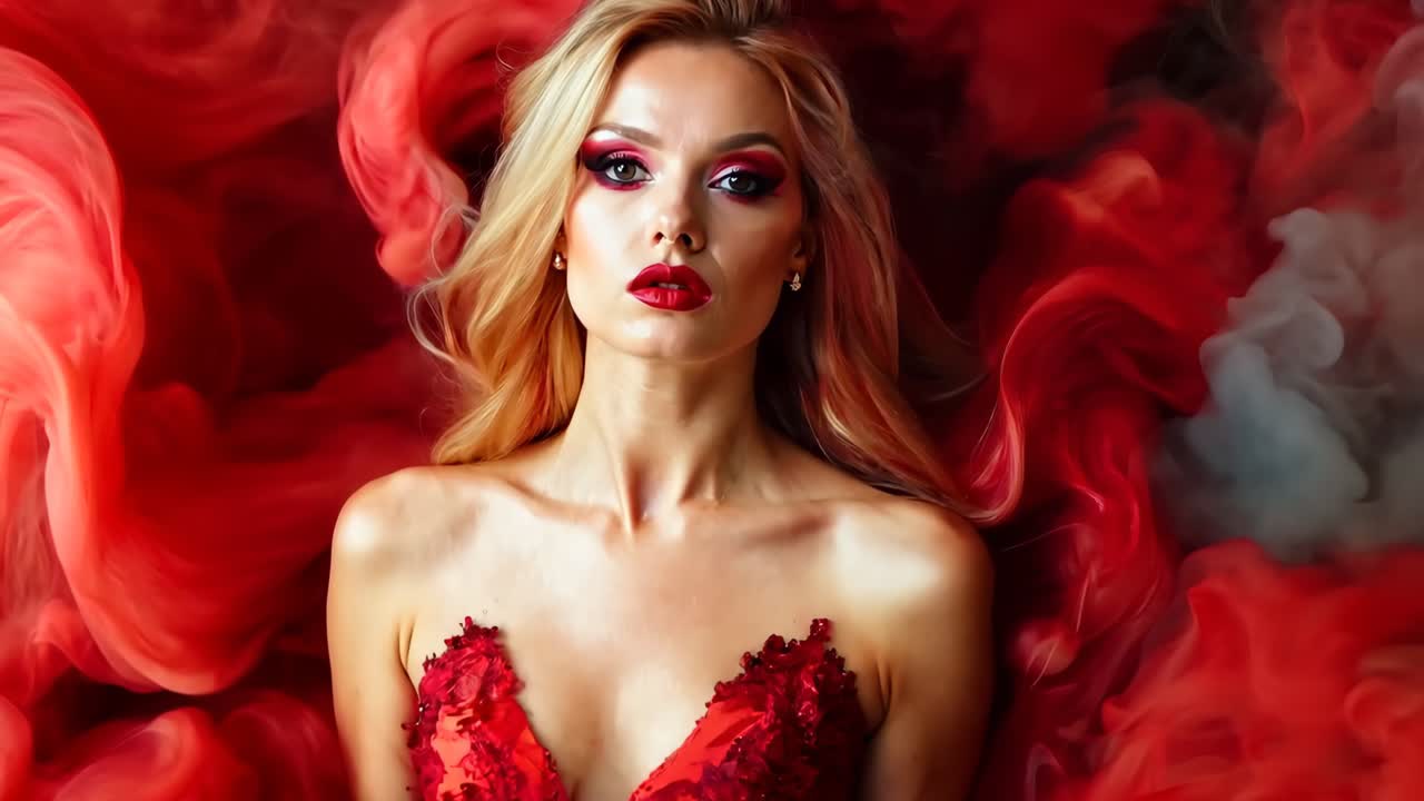 빨간 드레스를 입은 여자가 연기에 둘러싸여 있다