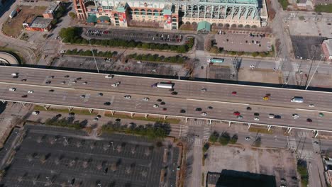 Drone-view-of-Minute-Maid-Park-in-Houston,-Texas