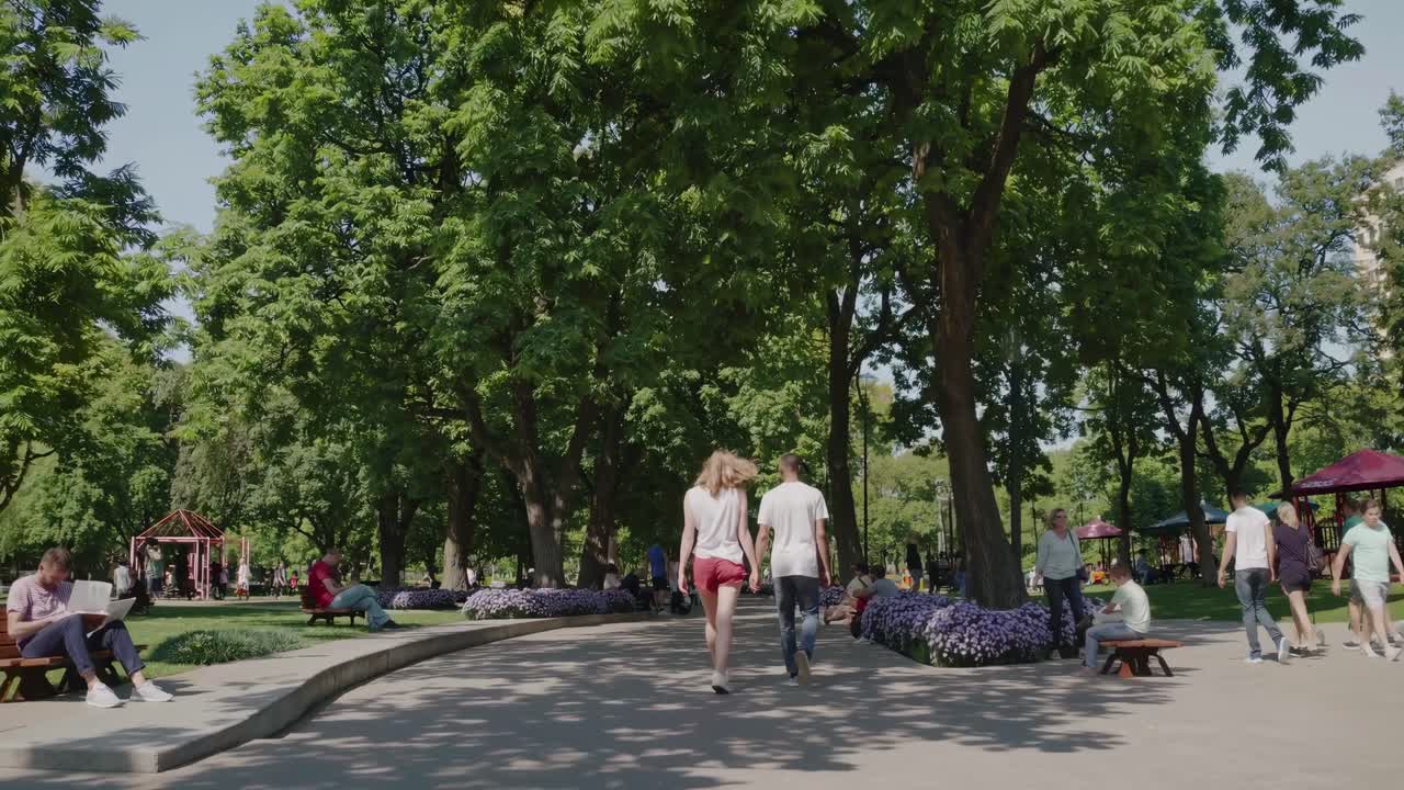Широкоугольное видео запечатлевает живую сцену в парке с гуляющими и отдыхающими людьми под пышными деревьями.