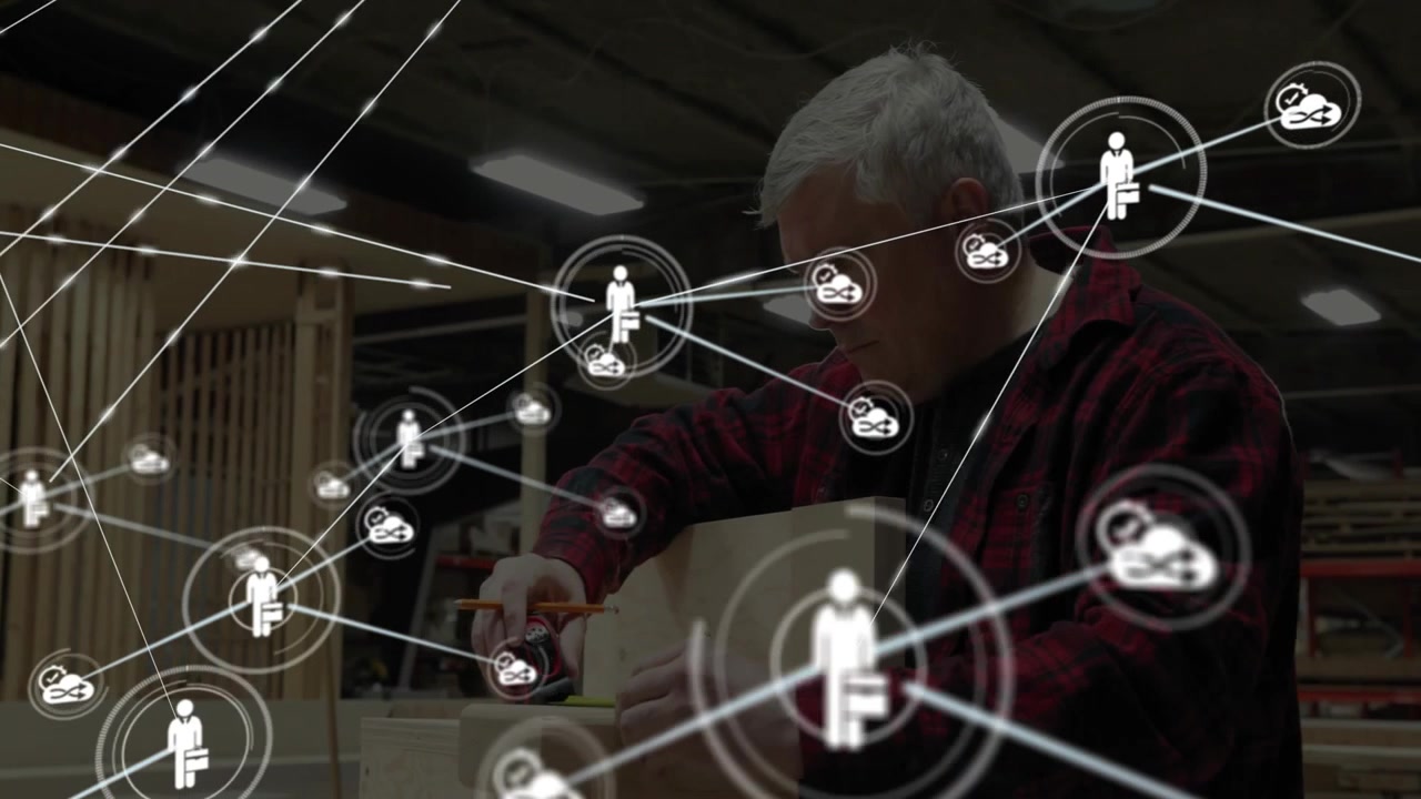 Woodworker marking board for precise cut in workshop, initiating animated network overlay
