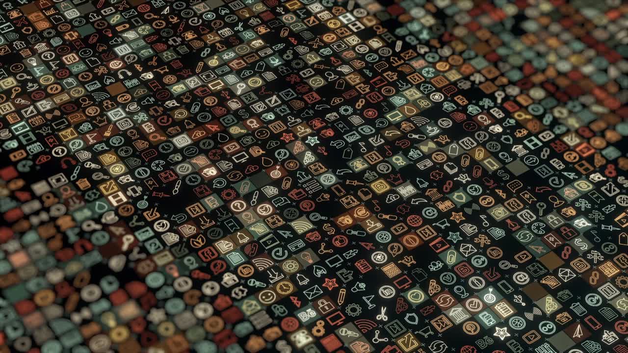 다채로운 네온 소셜 미디어 네트워크의 추상적인 애니메이션, 검은색 배경에 있는 이모지 아이콘, 시엄리스 루프의 애니메이션