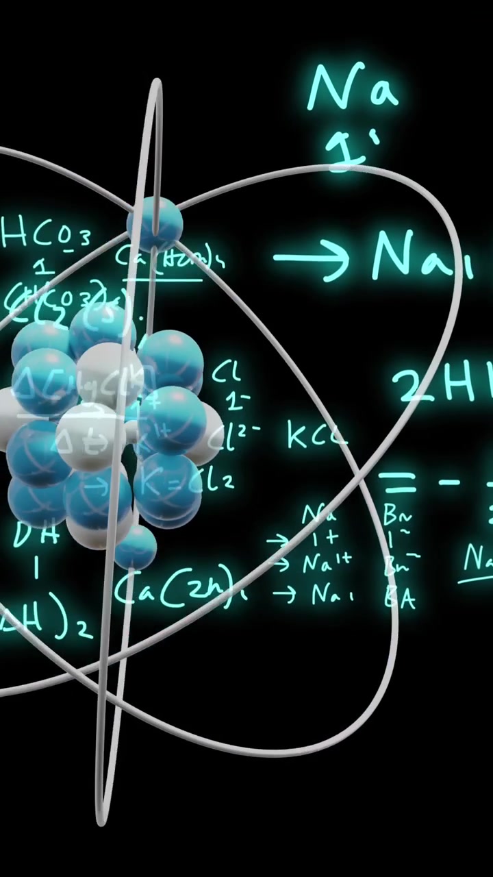 Animation of atom model spinning and data processing on black background