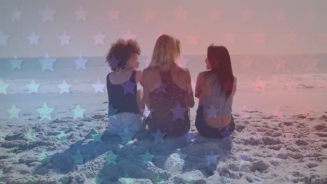 multiple blinking stars against group of friends walking together on the beach