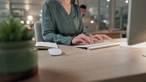 research, computer and hands of business person