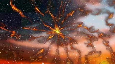 Animation-of-snow-falling-over-glowing-orange-smoke-trails