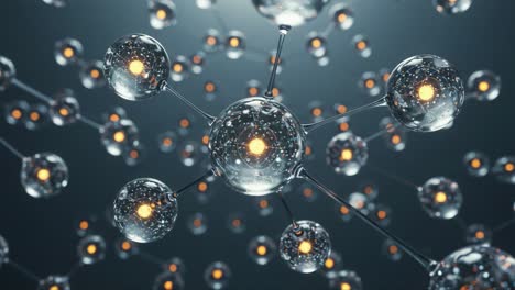 an intricate visualization of molecules and atoms, featuring mitigated light reflections and glowing core elements, highlighting the wonders of scientific discourse and chemistry