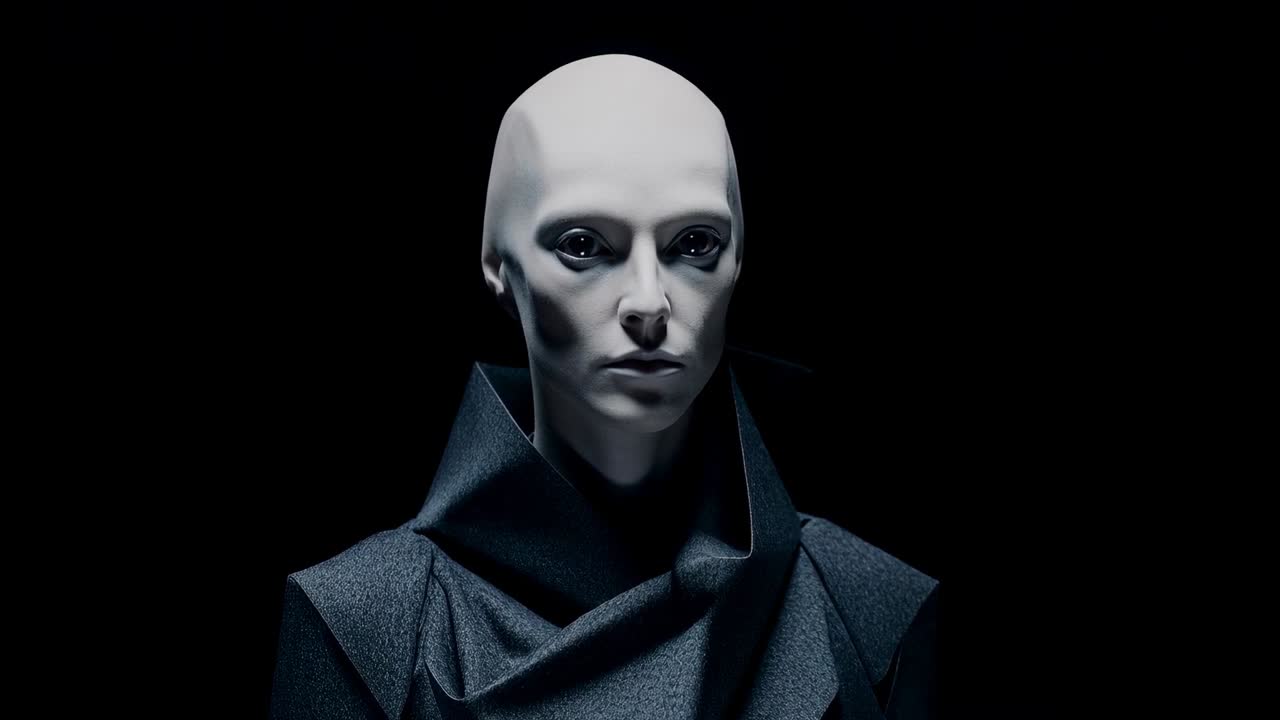 Lamporna aktiveras, humanoid byst visar blanka mikroförskjutningar i ögonen när inställt ljus skulpterar hög krage