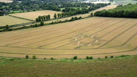 low level drone panning view, crop circle flower design in field, warminster, uk