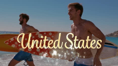 united states text and men carrying surf boards by the beach