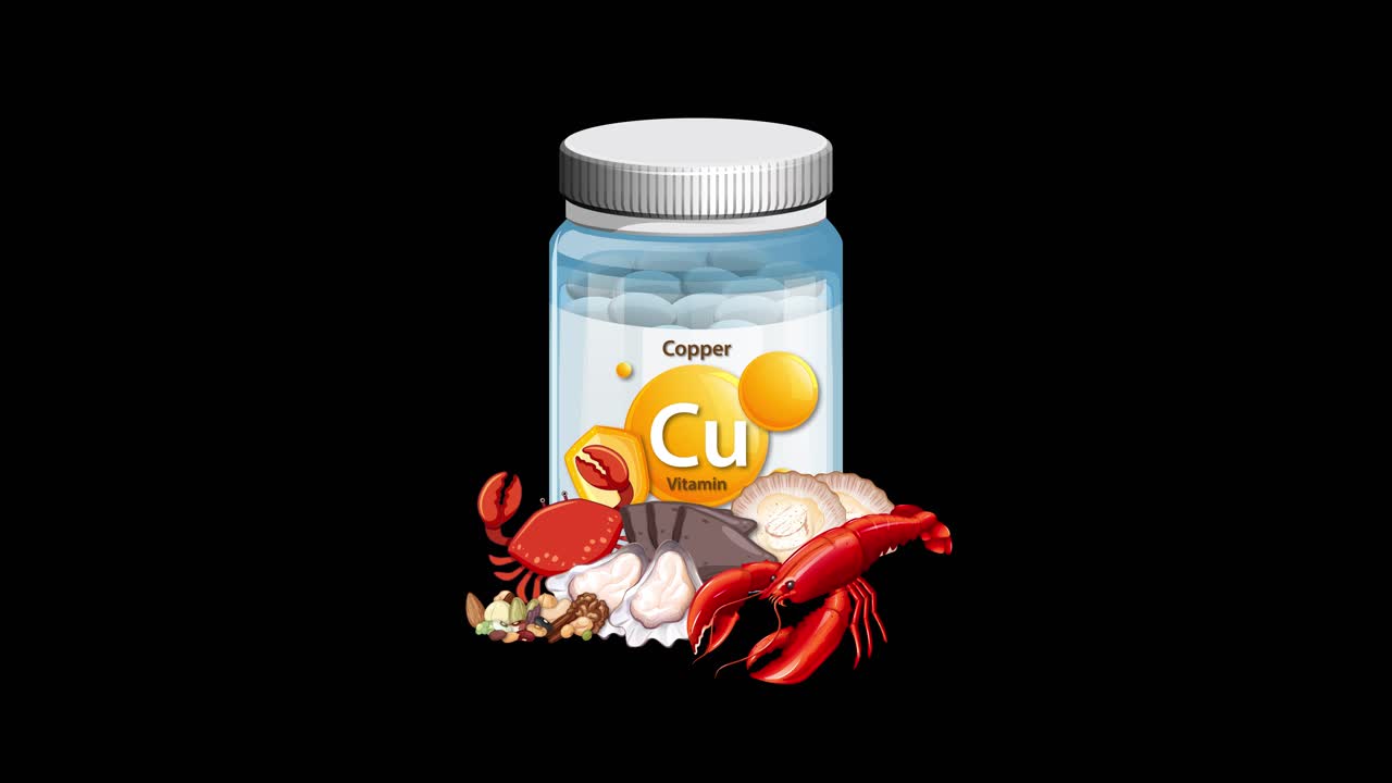 Copper supplement bottle transitions to include seafood, shellfish, and garlic, with smooth, linear movement