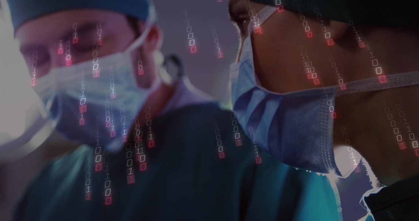 Surgeons initiating surgery and passing tools while binary code intensifying for analytics