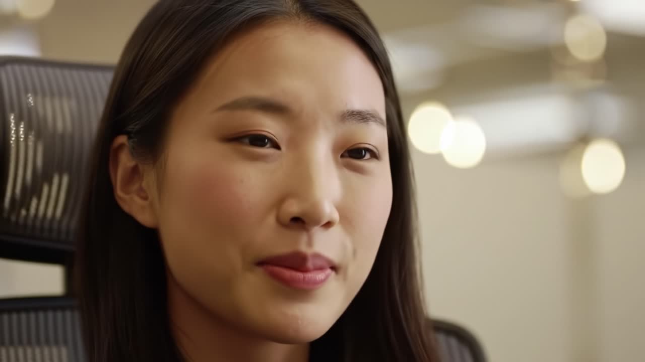 A young woman with long dark hair is smiling as she listens attentively during a meeting in a contemporary office. The atmosphere is relaxed, with soft lighting creating a warm space.