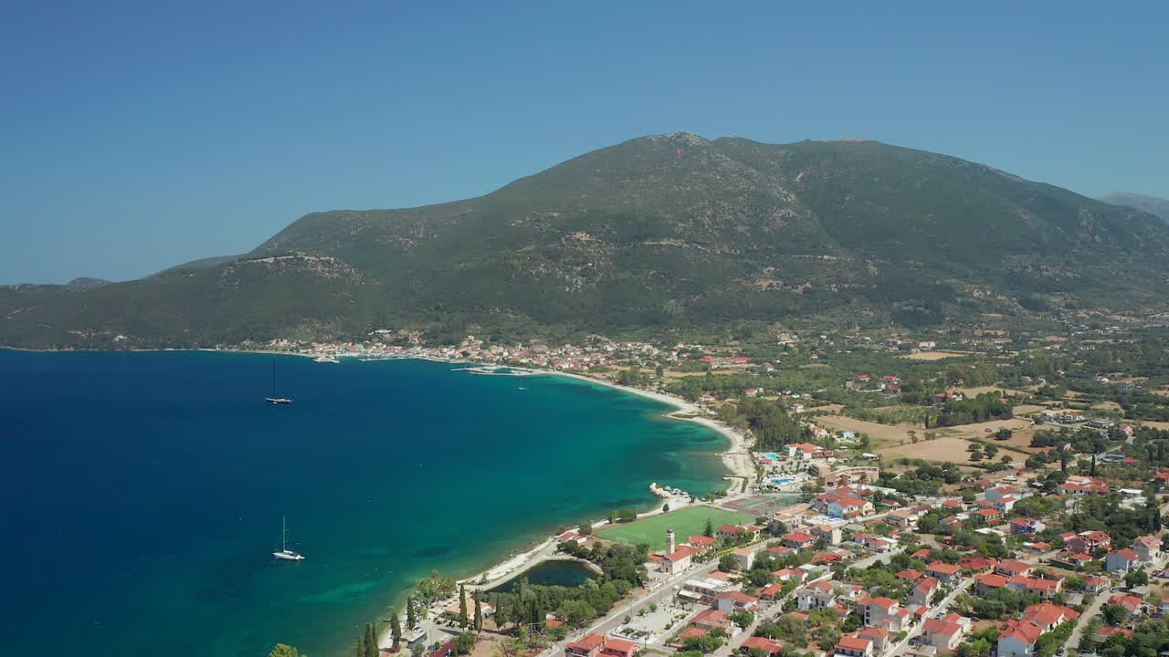 Aerial view Sami town with beautiful turquoise sea beach background, Kefalonia Island
