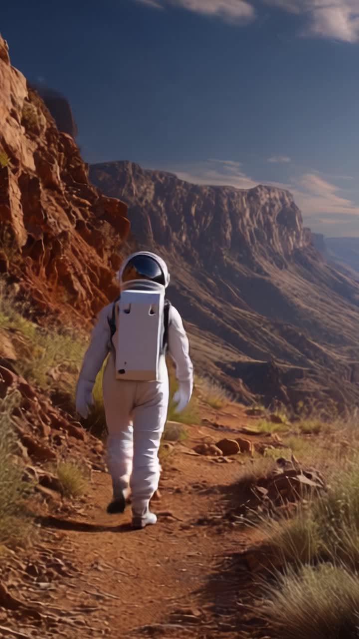 An astronaut explores a vast, rugged landscape, showcasing the stunning contrast of space exploration against the majestic beauty of the rocky terrain