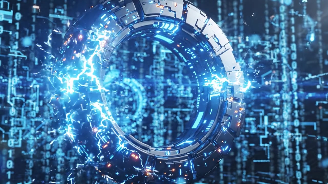 Et slående nærbilde av en futuristisk digital ring omgitt av kaskaderende binærkode-representasjoner, som legemliggjør avansert kyberteknologi og innovasjon.