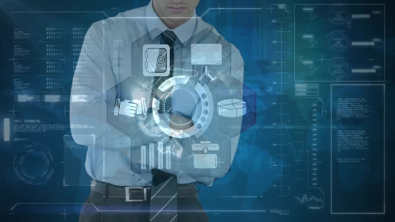 compuesto digital de un hombre de negocios tocando una pantalla futurista