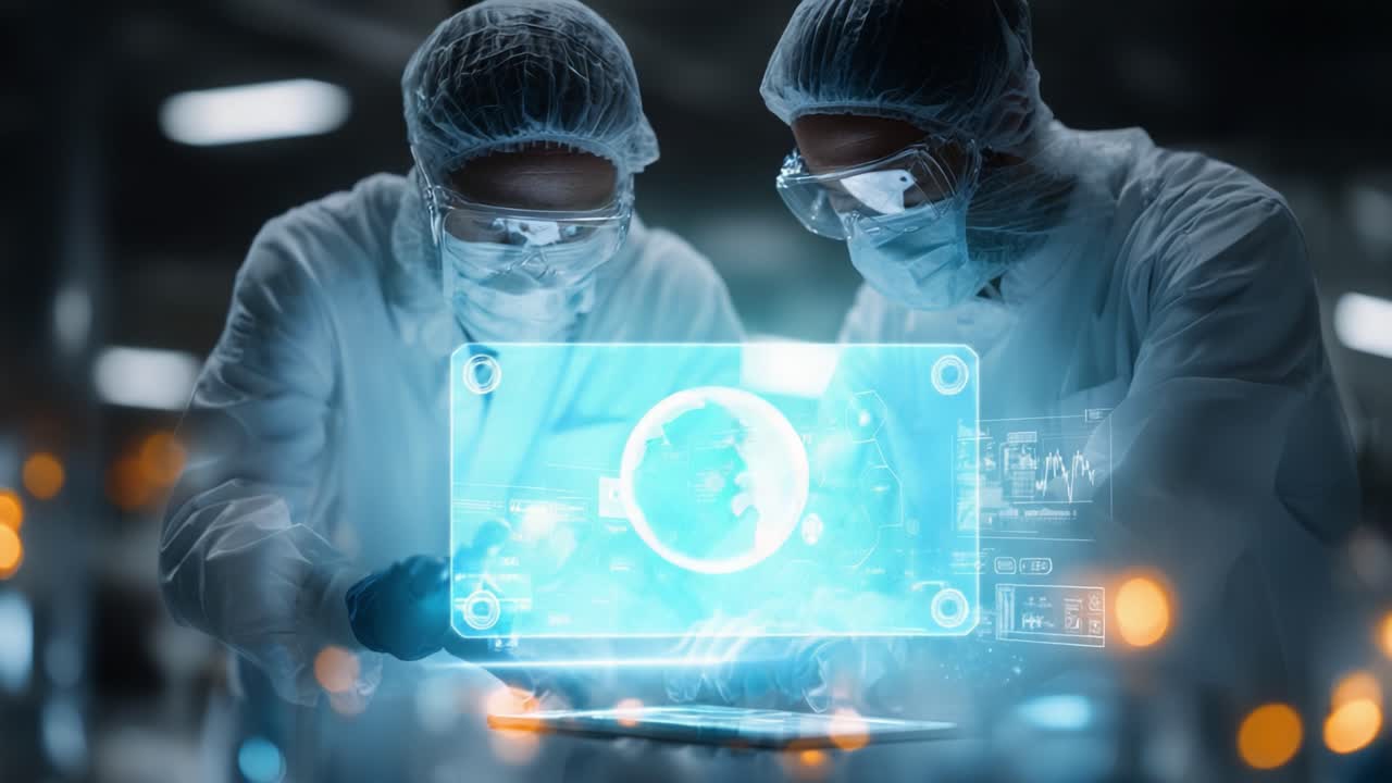 Scientists in Protective Gear Collaborate on Advanced Data Analysis Using High-Tech Holographic Displays Amid a Research Laboratory Environment