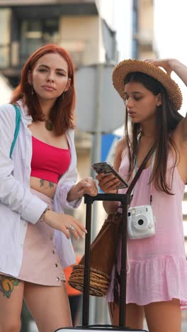 two young women exploring a city