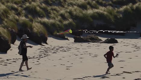 father and son flying a kite on the beach
