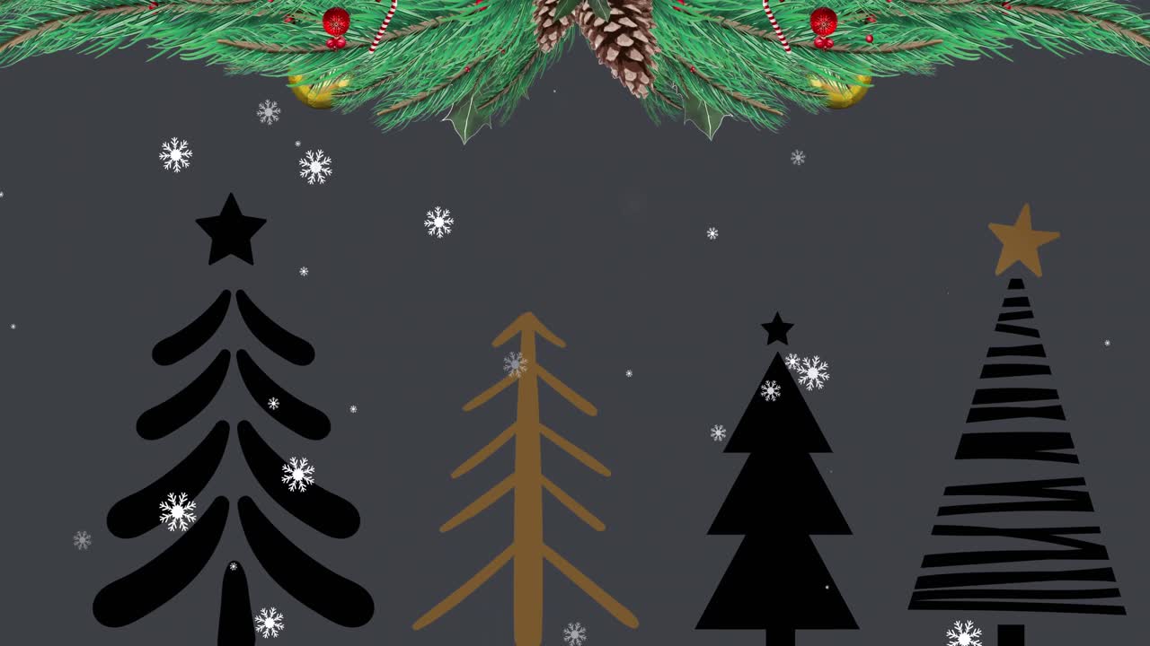 animación de abeto con decoraciones sobre árboles de navidad y nieve cayendo sobre fondo negro