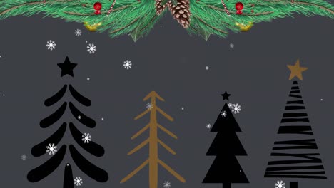 Animation-of-fir-tree-with-decorations-over-christmas-trees-and-snow-falling-on-black-background