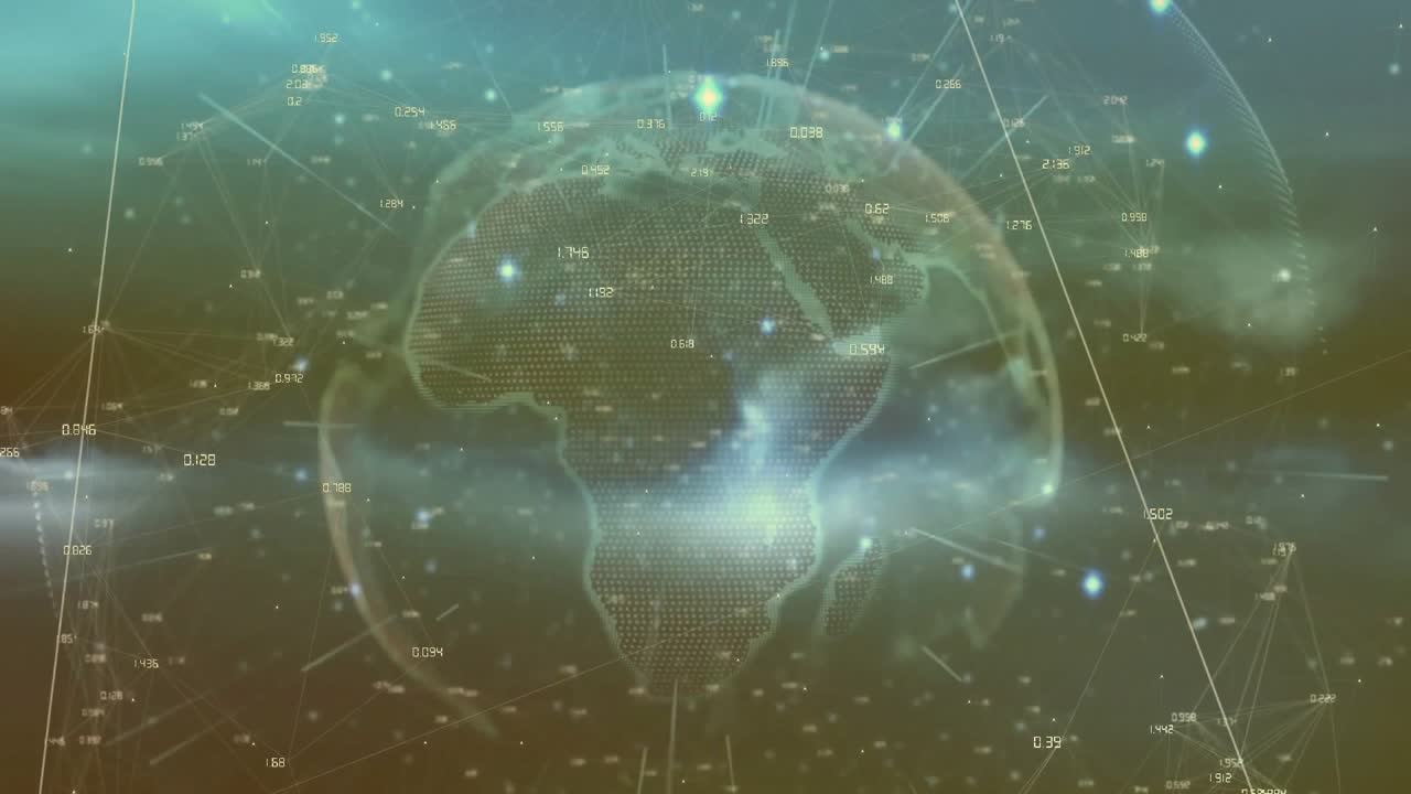 Globo 3D aparecendo e girando, linhas se formando, nós pulsando e rótulos desvanecendo, mostrando o fluxo de dados.