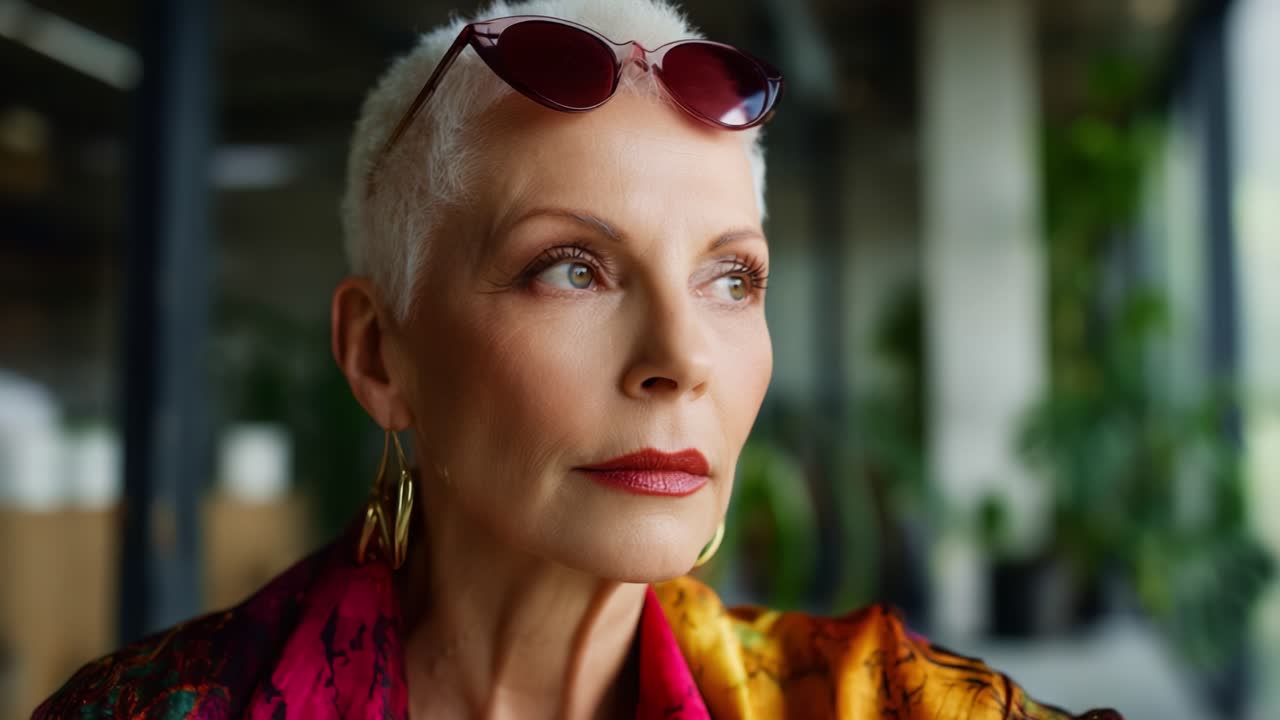 Un ritratto accattivante di un'elegante donna matura che trasuda sicurezza con capelli corti e abbigliamento vivace, ambientato su uno sfondo moderno e dinamico