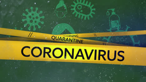 yellow police tapes against coronavirus concept icons on green background