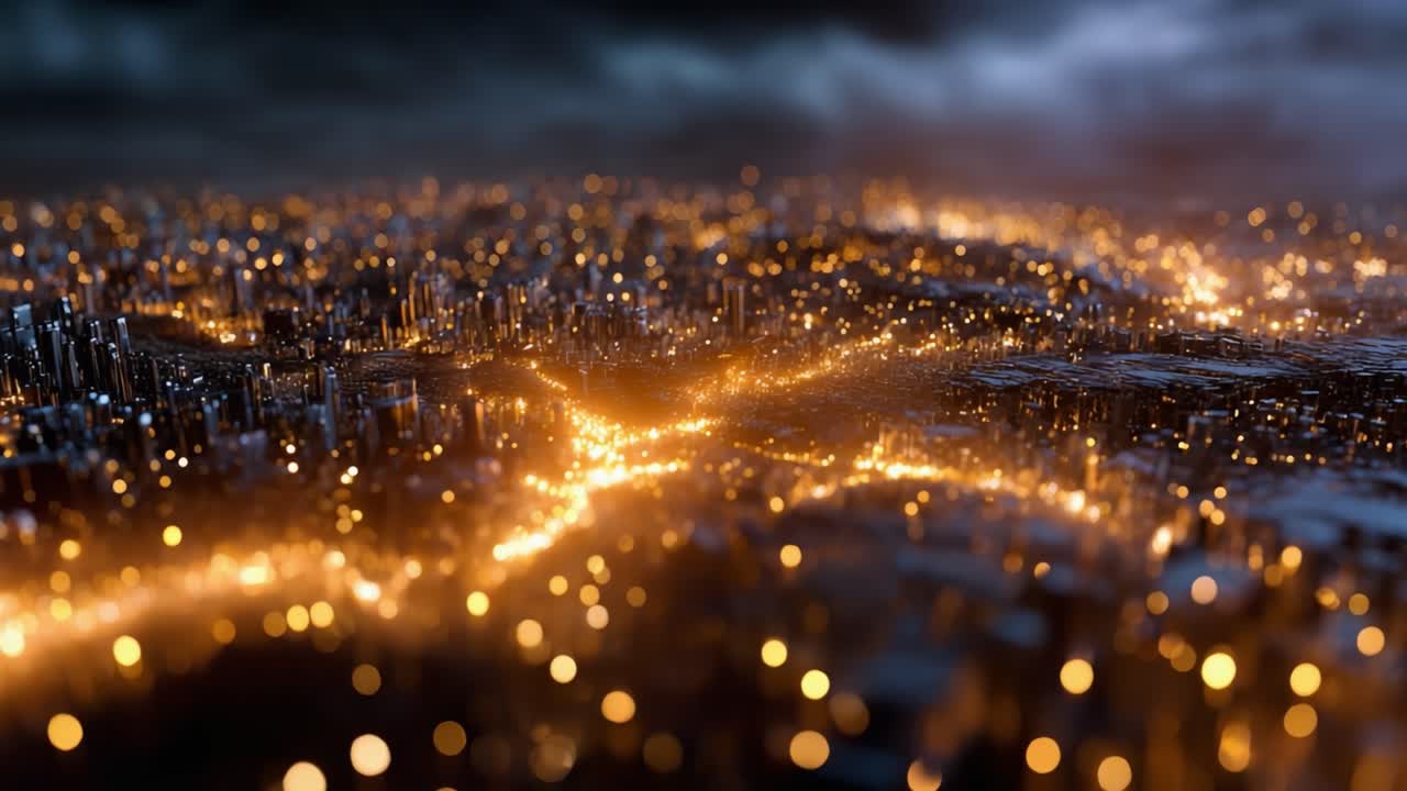Una vista mozzafiato di un paesaggio urbano illuminato di notte, con luci arancioni e gialle brillanti su un cielo scuro e nuvoloso con un paesaggio urbano scintillante