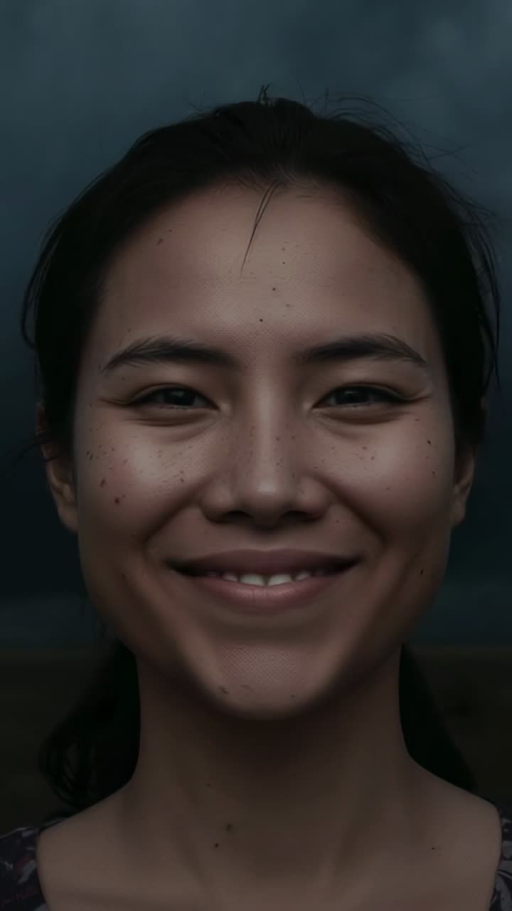 Video verticale: Reagendo allo sguardo della telecamera, una donna asiatica sorride lentamente in studio, indossando un top a fantasia.