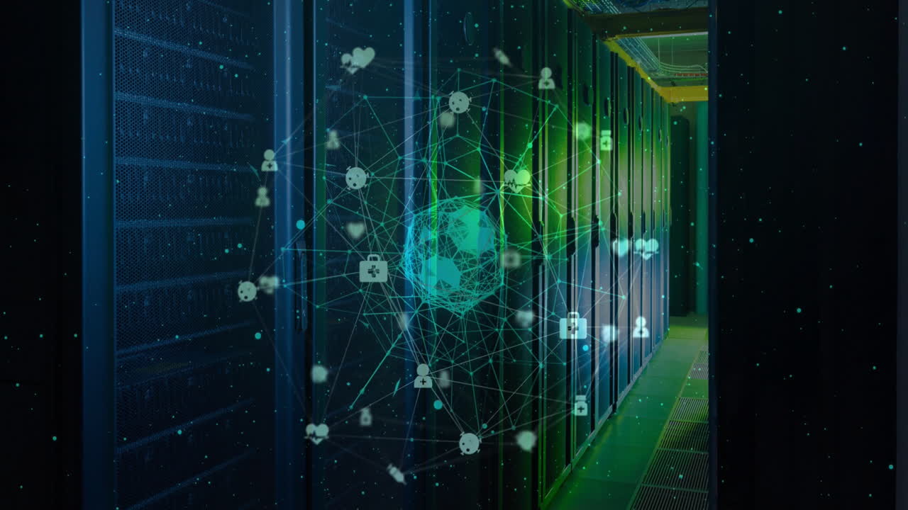 Animation of network of connections with icons over server room