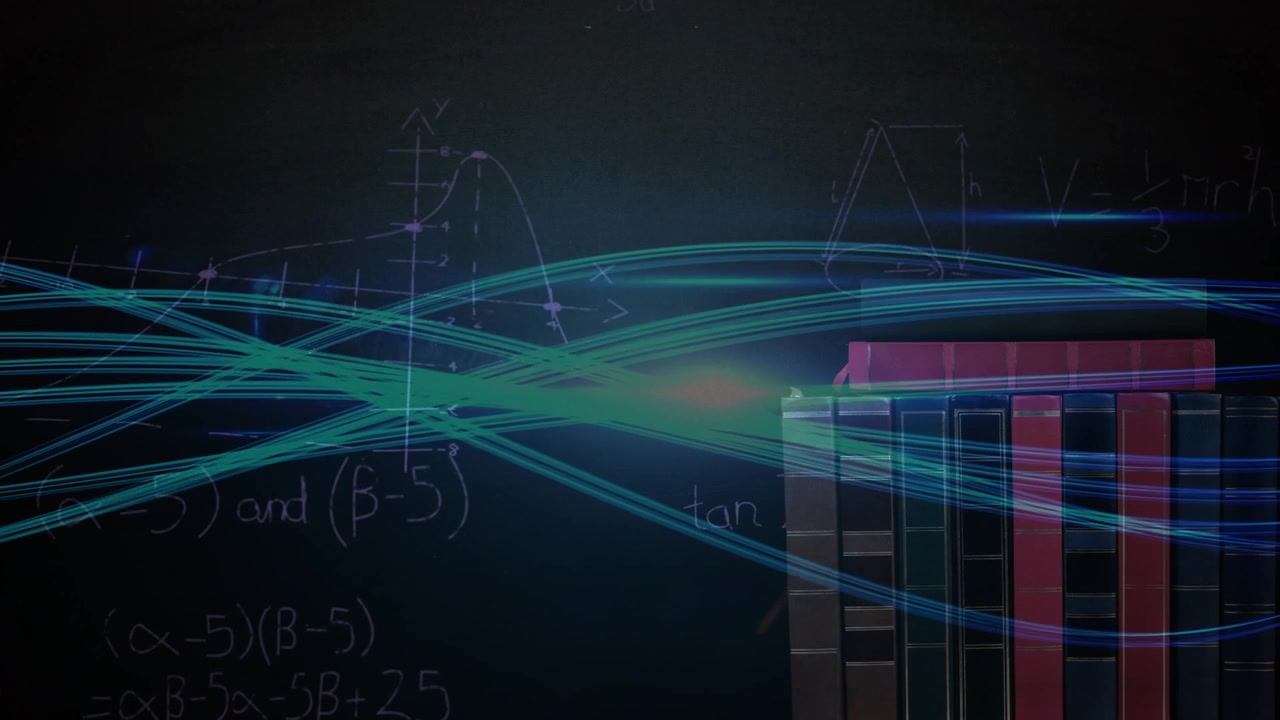 Animation of mathematical equations over light trails and books on black background
