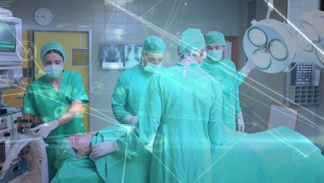 medical data network animation over surgeons performing operation in hospital