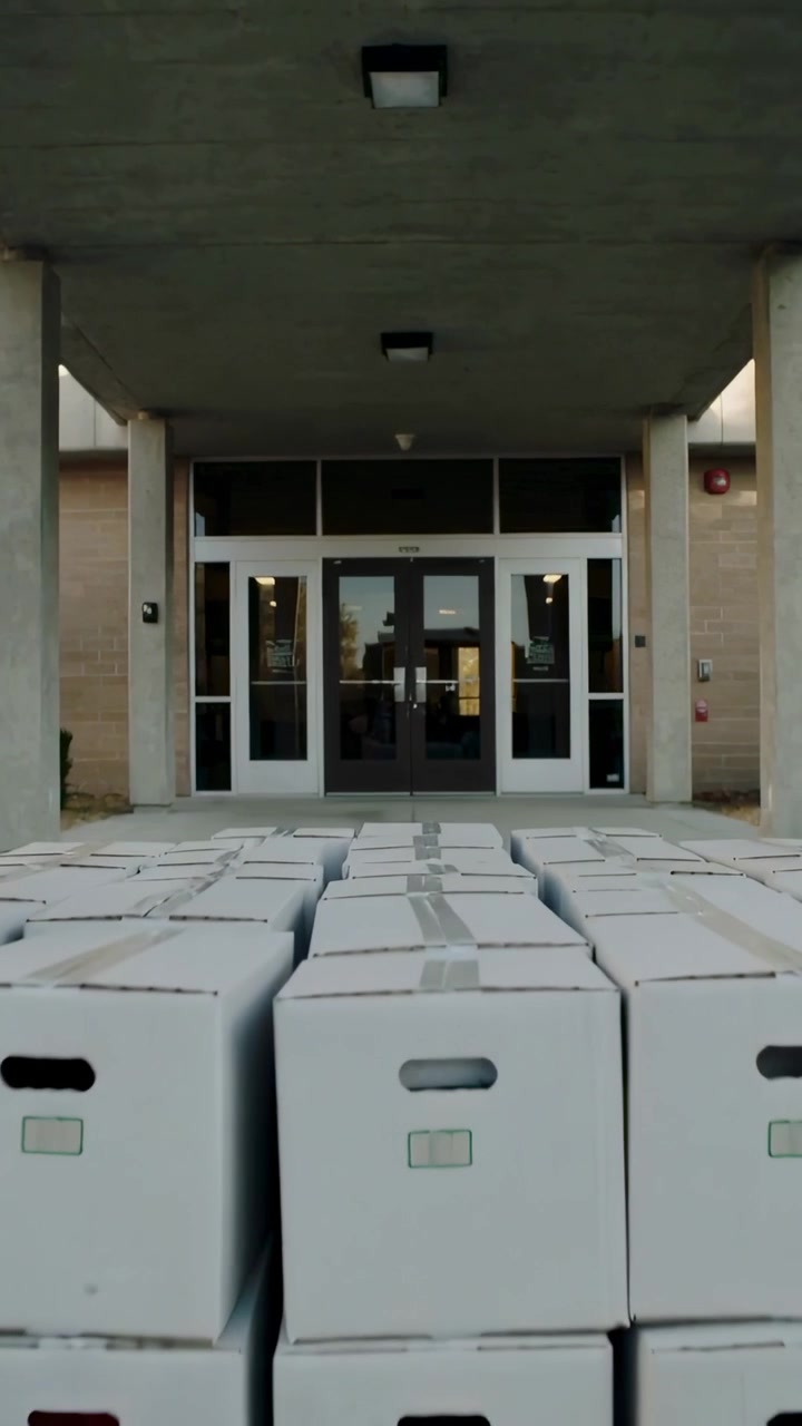Vertical video: Pulling helpers in short sleeves moving stacked boxes blocking entrance