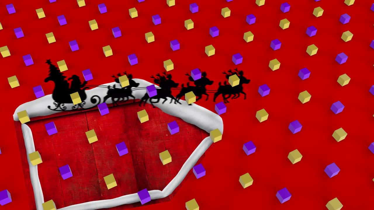 Animation of cubes over santa claus in sleigh with reindeer on red background