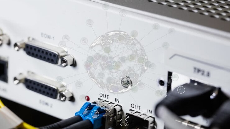 Animation of globe with icons over server room