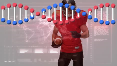 animación de un jugador de rugby masculino caucásico y cadena de adn sobre el procesamiento de datos